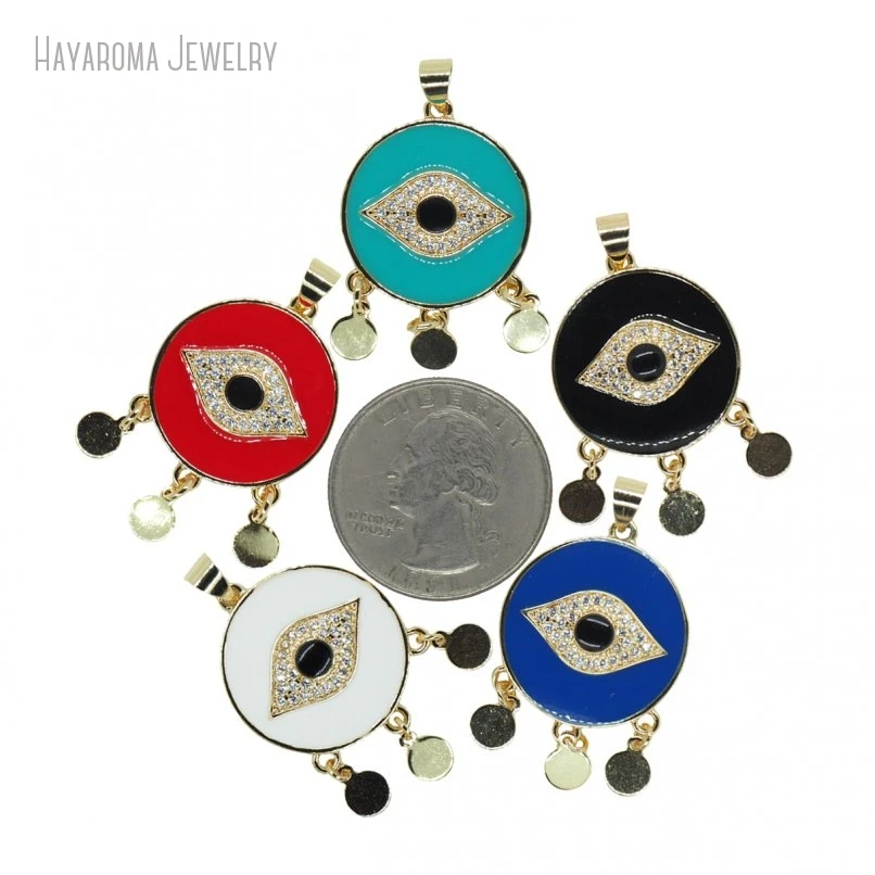 10Pcs Jewelry Copper Enamel Round Coin Shape Circle Religious Evil Turkish Eye Islam Invisible Setting Pendant