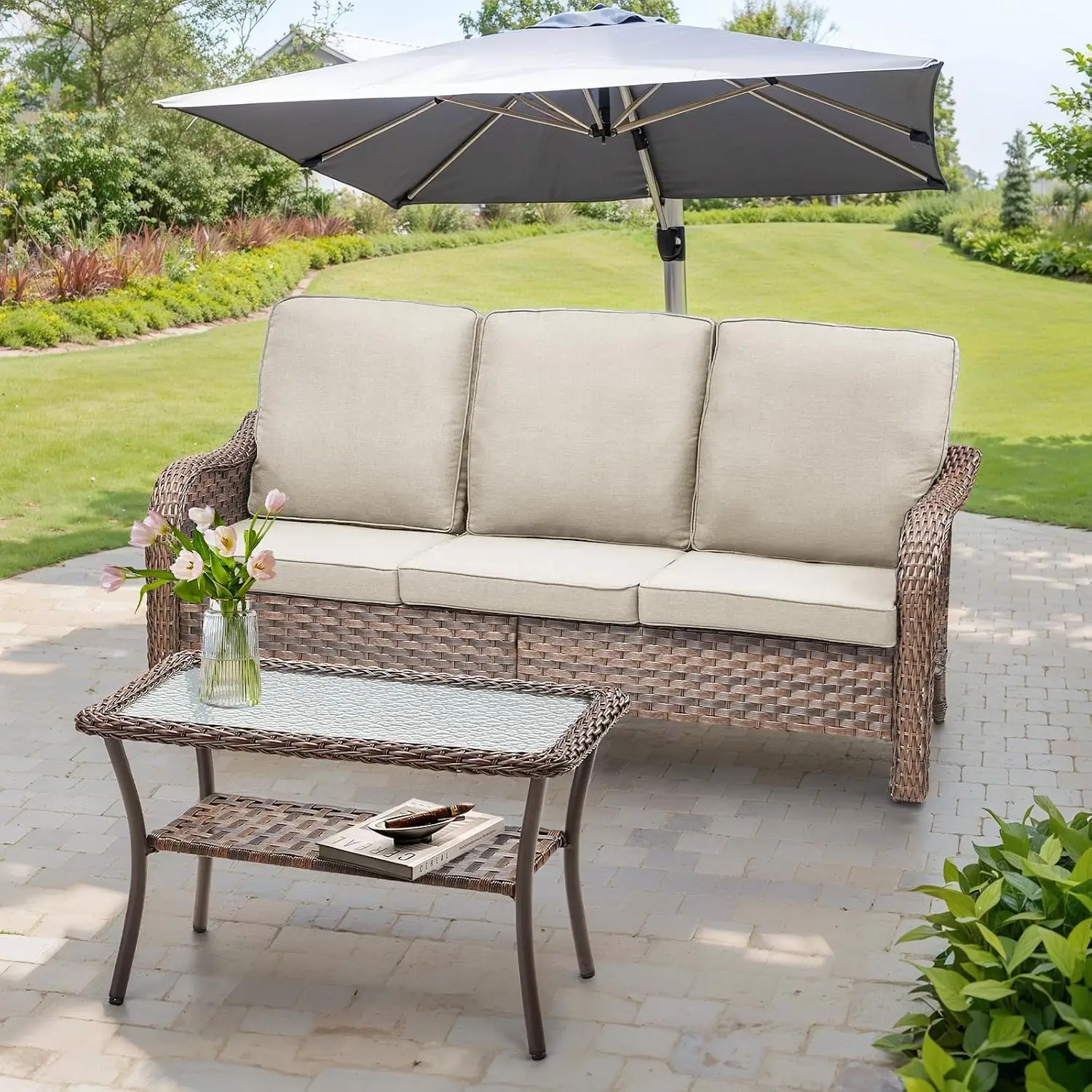 Outdoor Wicker Sofa Set 2 PCS With 4