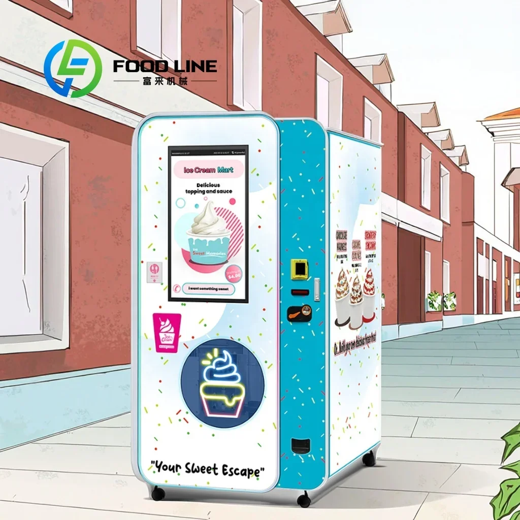 روبوت بيع الآيس كريم ذاتي الخدمة في الهواء الطلق، موزع خدمة ناعم يعمل بالعملات المعدنية أوتوماتيكيًا بالكامل