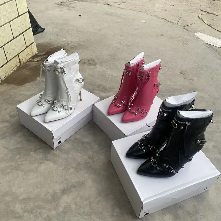 

Women's High-heeled Ankle Boots Fashion Boots Designer Luxury Autumn Pu Leather Rivet Pointed Toe Heels for Ladies Stiefeletten
