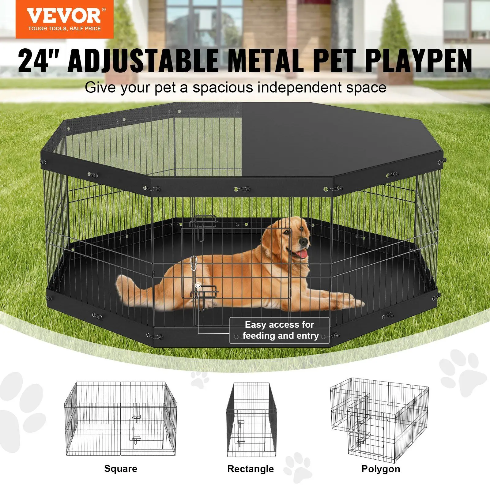 Dog Playpen, 8 Panels Foldable Metal Dog Exercise Pen with Top Cover and Bottom Pad, 24