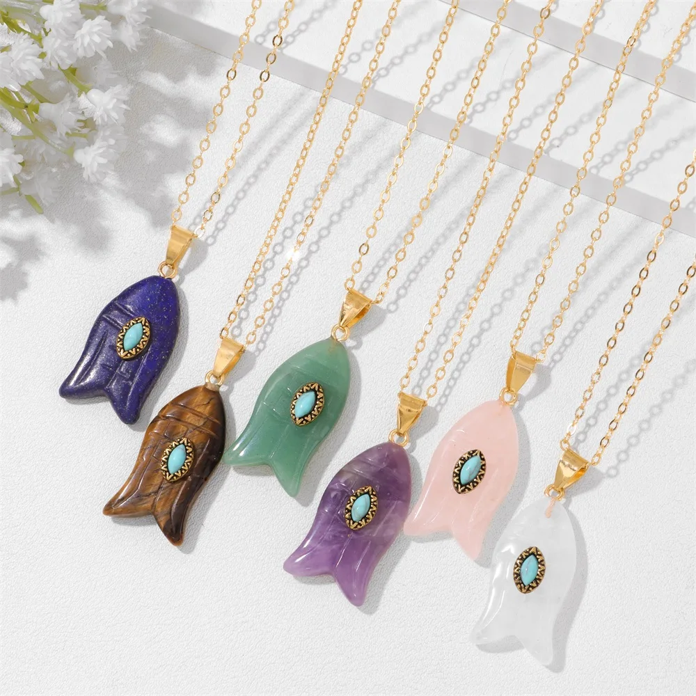 Natural Stone Fish Shape Pendant Necklaces Lapis Lazuli Tiger Eye Amethysts Necklace Reiki Energy Necklaces for Women Female