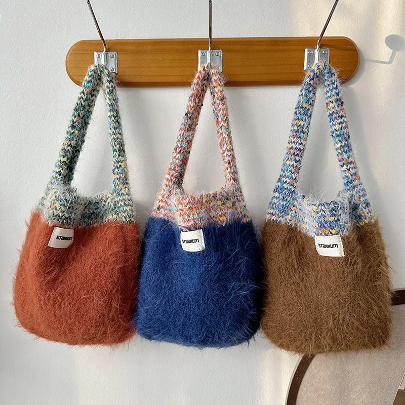 Women Fashon Knitted Handbags Contras Color Soft Knitting Handle Bag Female Casual Commute Phone Packs