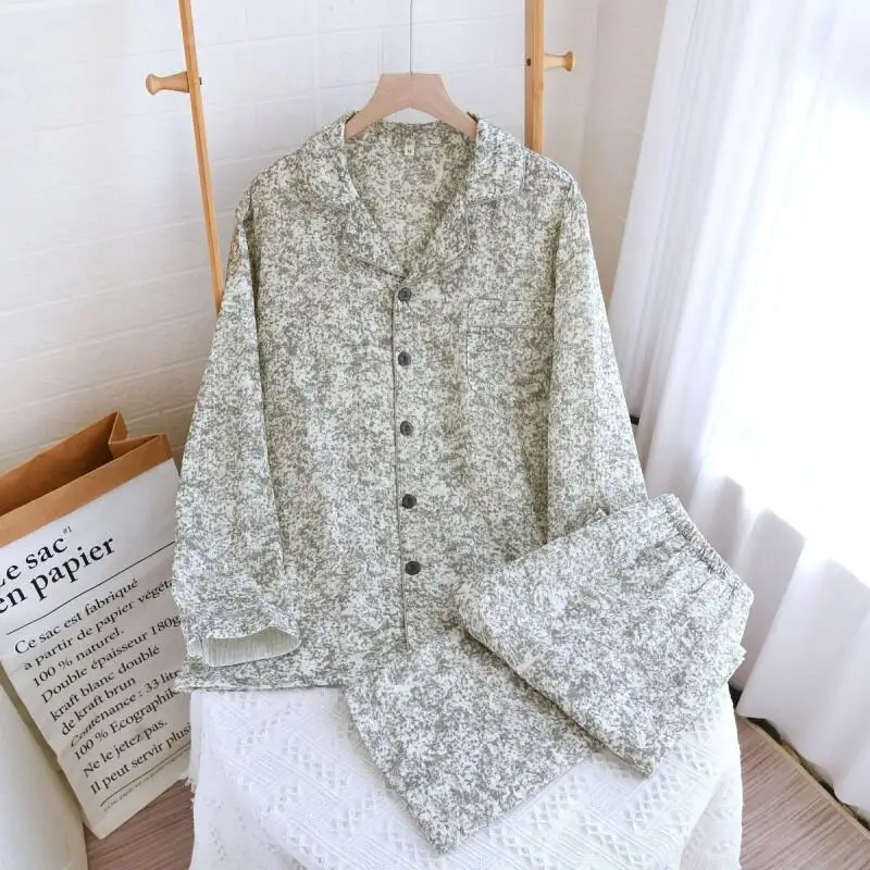 

New Hot Ink Painting Couple Pajama Set Pure Cotton Crepe Double Gauze Long Sleeve Lightweight Cozy For Women And Men Homewear