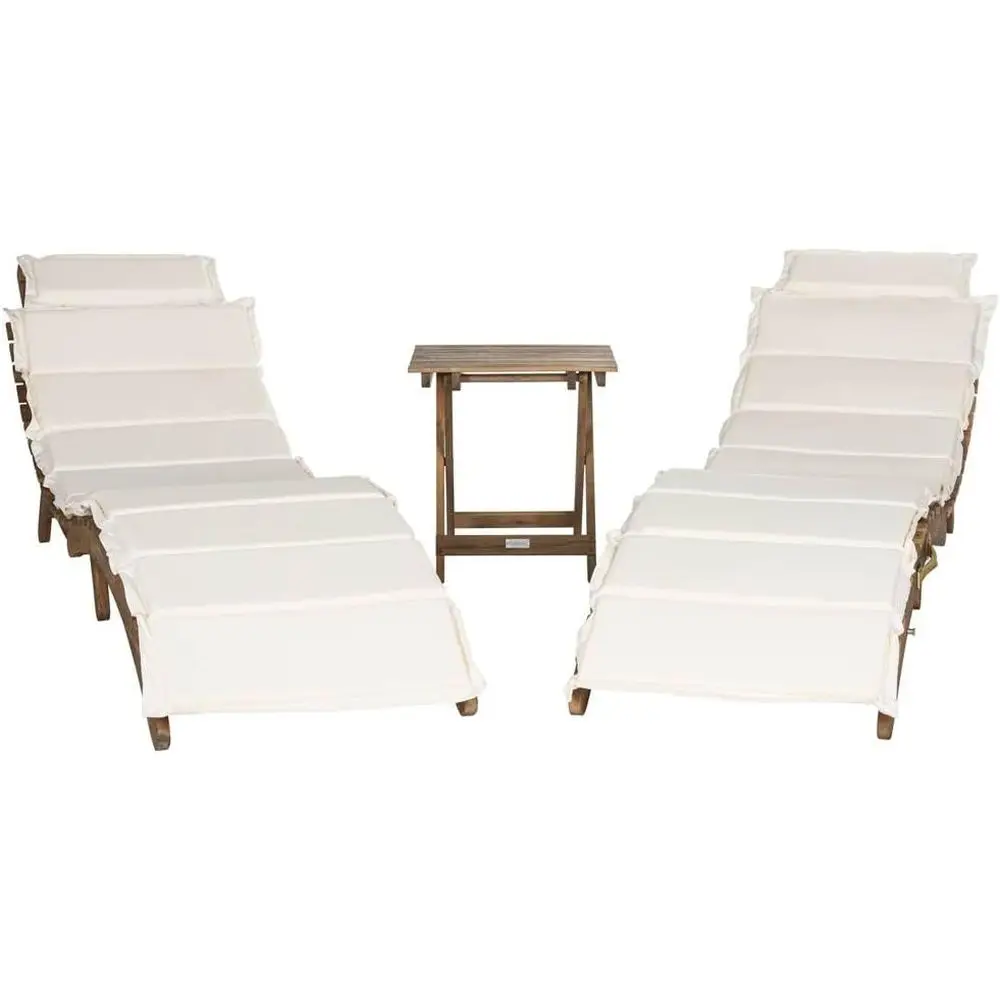 

Solid Wood Brown Chaise Lounge Set with Beige Cushion and Table, 3-Piece Outdoor Furniture
