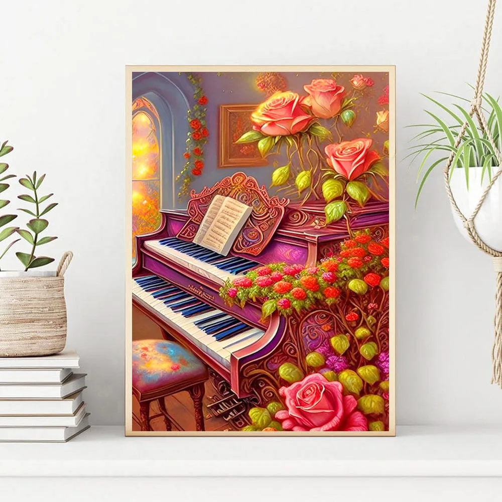 Diamante bordado Piano rosas paisagem mosaico, imagens de instrumentos musicais, decoração para casa, 5D, DIY, 2023