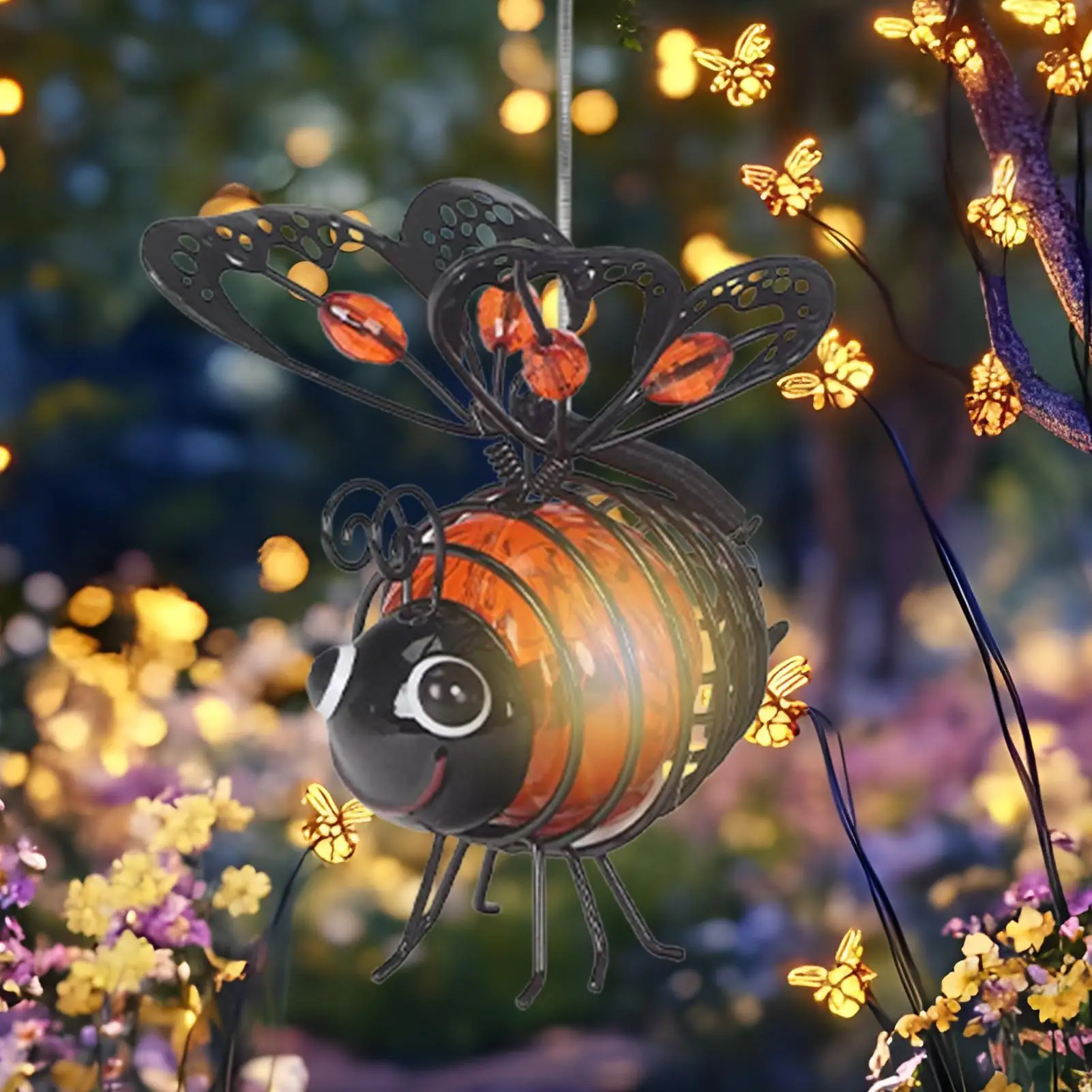 1pc Metal Construction Solar-Powered Hanging Bee Light Solar-Powered LED Lighting LED Bugs Simulation Design Hanging Style