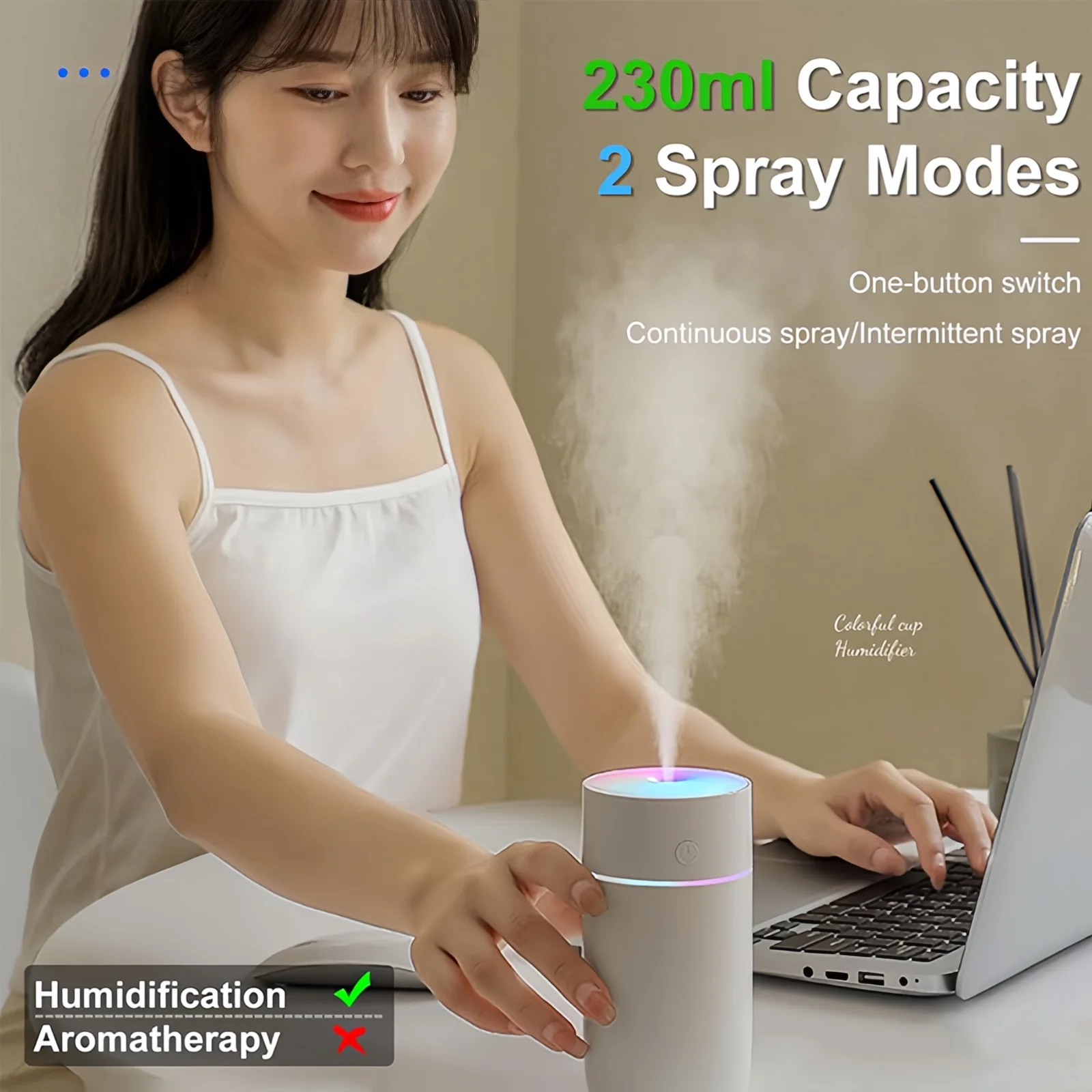 مرطب هواء صغير بالموجات فوق الصوتية USB قابل لإعادة الشحن ملون LED ضوء بخاخ رذاذ بارد هادئ محمول لسطح المكتب وغرفة النوم والمنزل