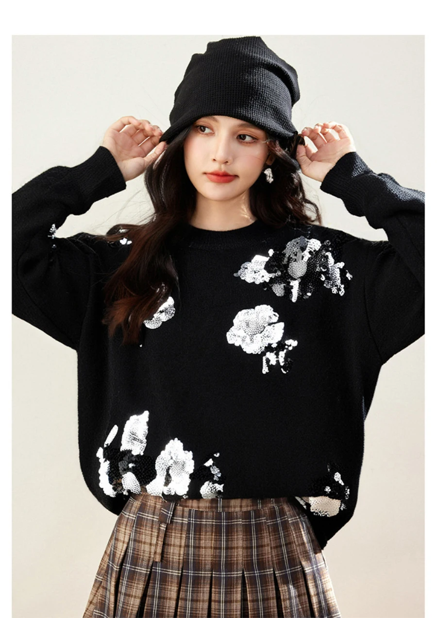 Suéter de punto de manga larga con cuello redondo para mujer, diseño Floral, lentejuelas con cuentas, Top elegante para otoño e invierno