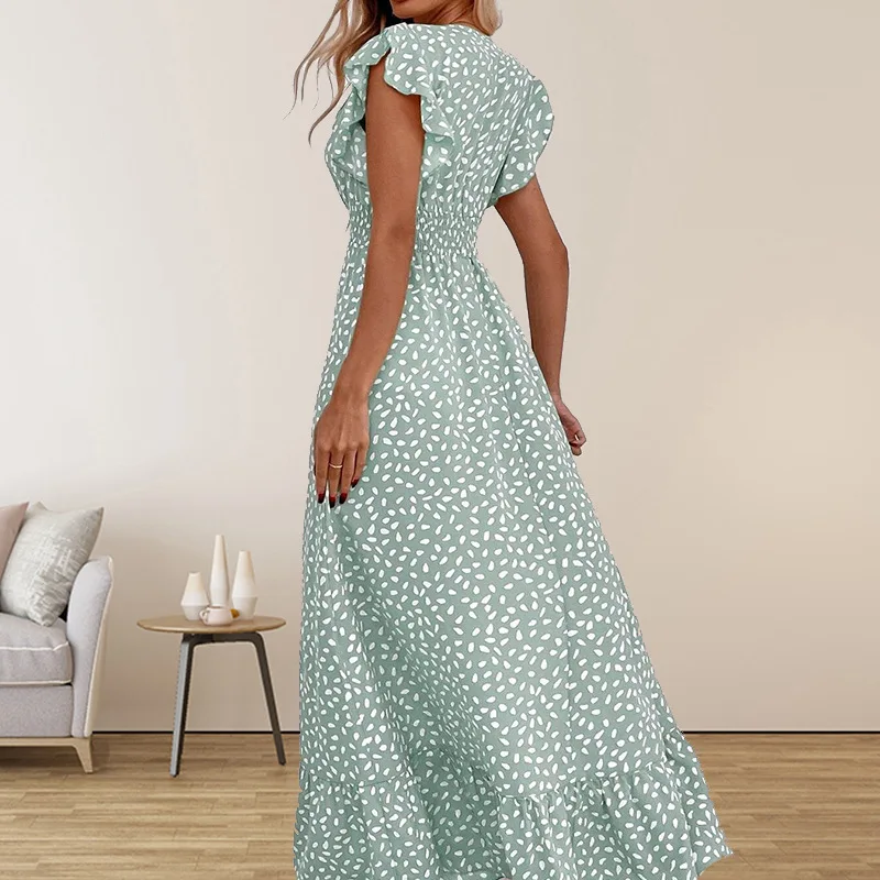 European And American Women's Clothing 2025 Spring And Summer Fashion V-neck Waist Long Skirt High Waist Short Sleeve Dress