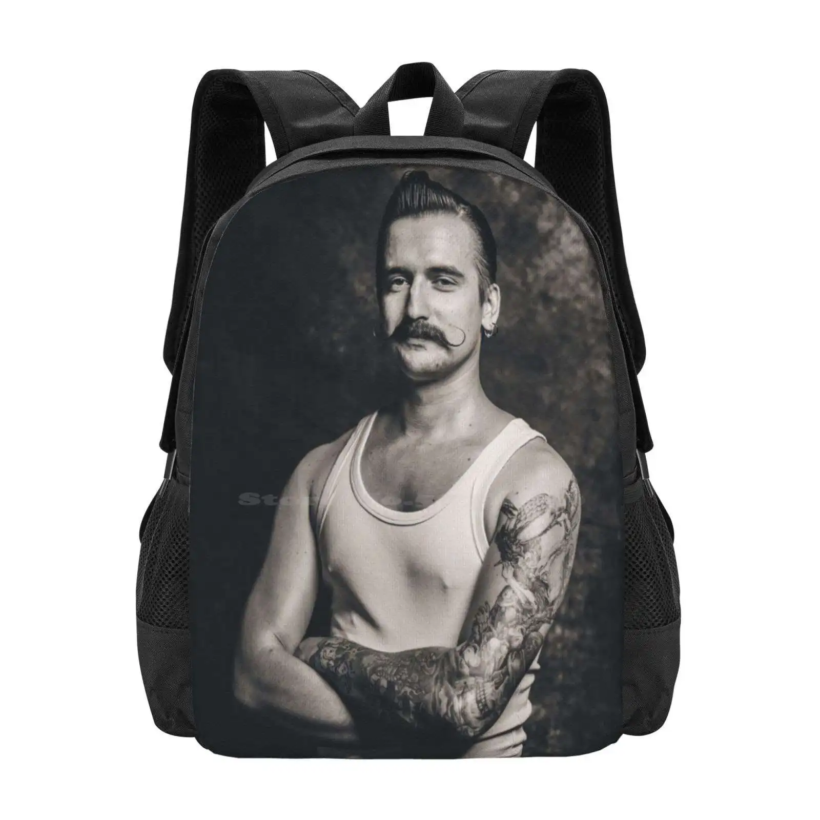 Mustache Iii Hot Sale Schoolbag Backpack Fashion Bags Man Tattoos Alternative Mustache Retro Vintage Bad Boy Bw Black White