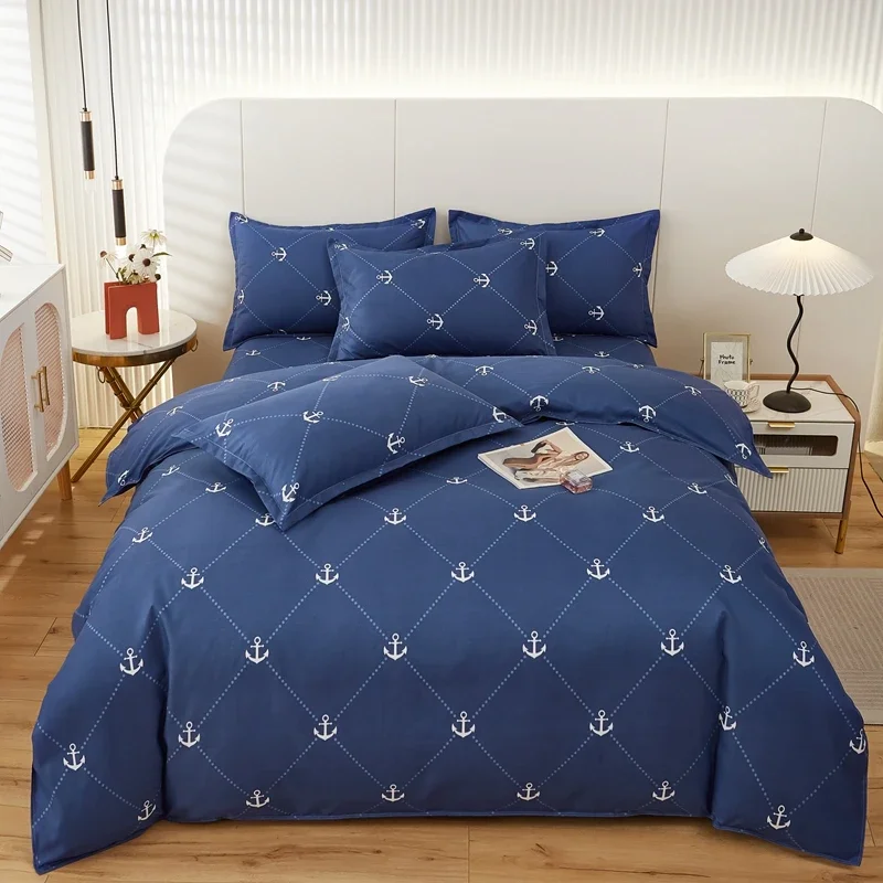 

Fashion Anchor Print Duvet Cover Set with 2 Pillowcases Dark Blue Themed Quilt Cover Skin-friendly Bedding for Teens and Boys