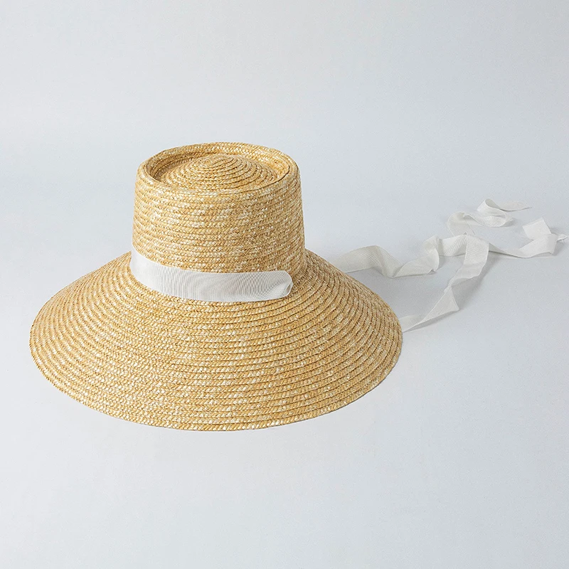 French Elegant Fashion Simple Ring Concave Straw Hat Women's Elegant Wide Brim Black White Ribbon Basin Hat Summer Beach Sun Hat