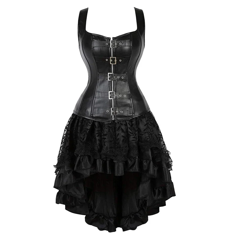 Sapubonva Corset Dress Top Leather Blouse Steampunk Women Bustier Sexy Zipper Fashion Style Exotic Lingerie Black Gotico Korset