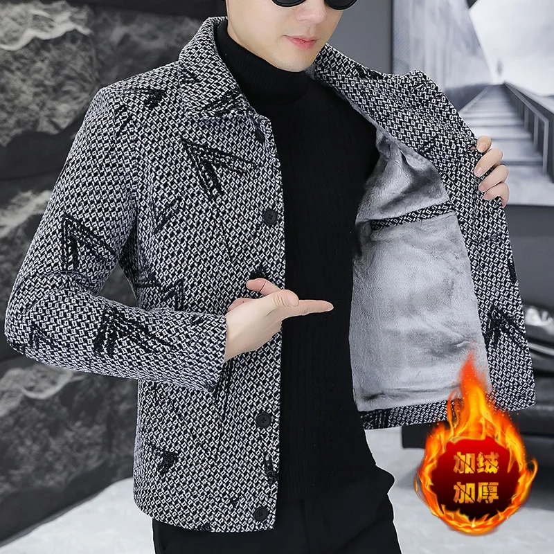 

Autumn Winter Men's Woolen Jacket Short Thick Velvet,casual Wool Blends Jackets Business Social Windproof Overcoat Men Clothing