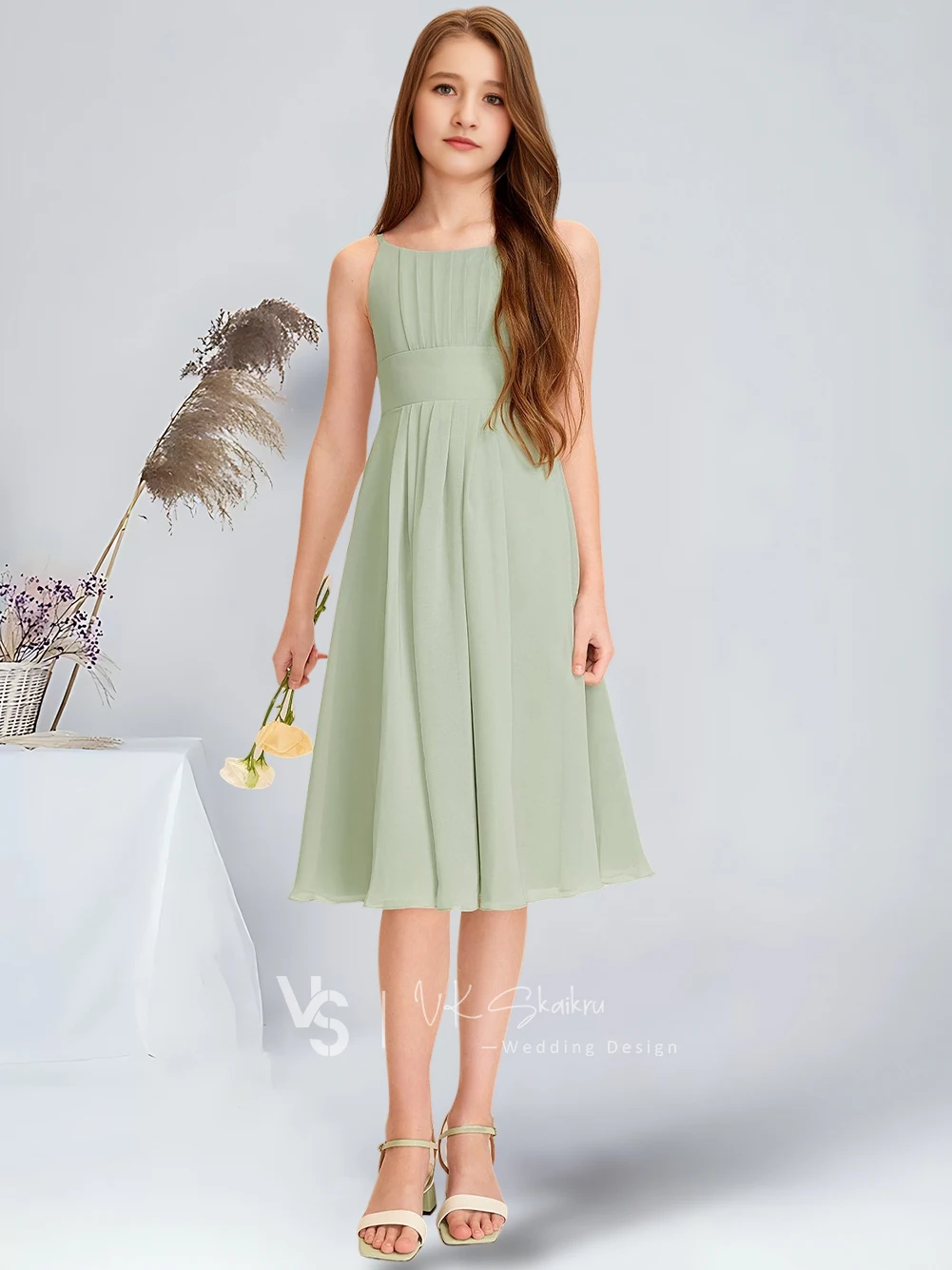 A-line Scoop Knee-Length Chiffon Junior Bridesmaid Dress Celadon Flower Girl Dress Wedding Party Communion Dresses For Teens