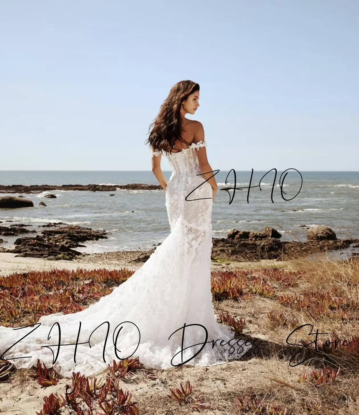 ZHIO Elegant Appliques Wedding Dress Off Shoulder Corset Mermaid Sweep Train White Tulle Bridal Gown Customized Robe De Mariée