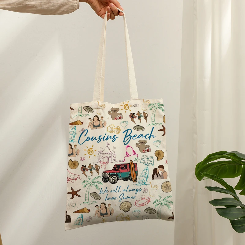 Seaside Vacation Sketch Canvas Tote Bag Palm Tree Shell Surfboard Eco Reusable Daily Shopping Shoulder Tote