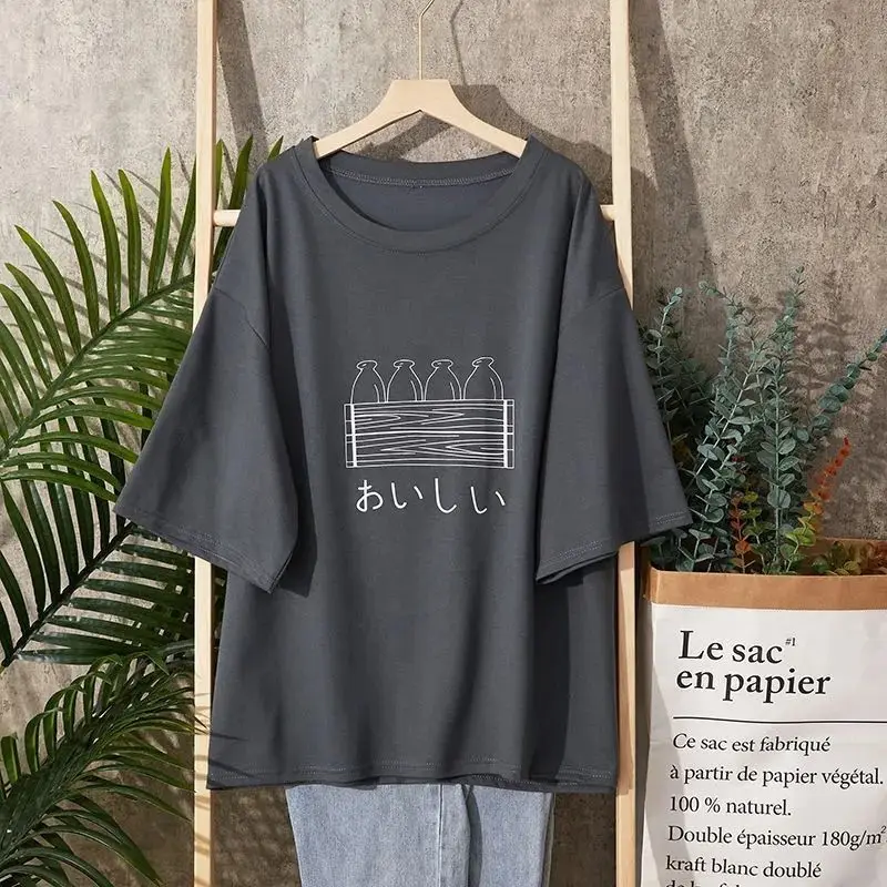 

Модная универсальная корейская футболка с круглым вырезом и принтом, женская одежда, новинка лета 2025 года, повседневные пуловеры большого размера, футболка для поездок на работу