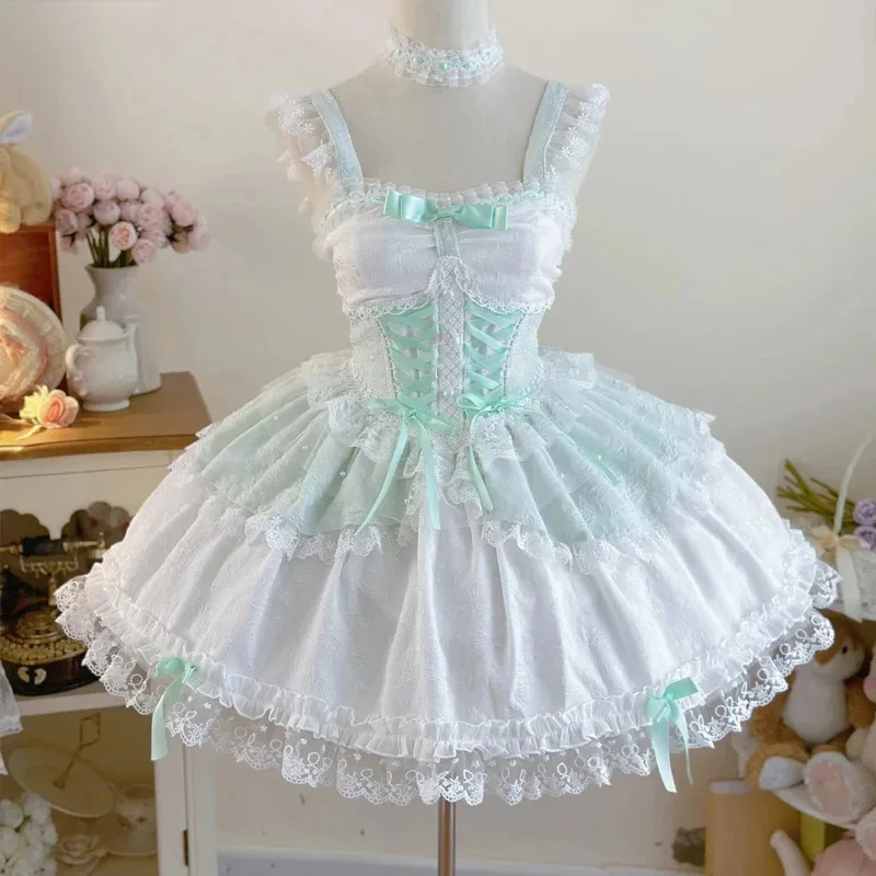 Japanese Sweet Lolita Jsk Dress 2025 Elegant Ruffles Lace Bandage Princess Strap Dresses Girls Y2k Kawaii Tea Party Mini Dress