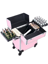 Makeup Train Case, Professional Rolling Makeup Trolley with Adjustable Dividers, Nail Polish Organizer,Jewelry Travel train case