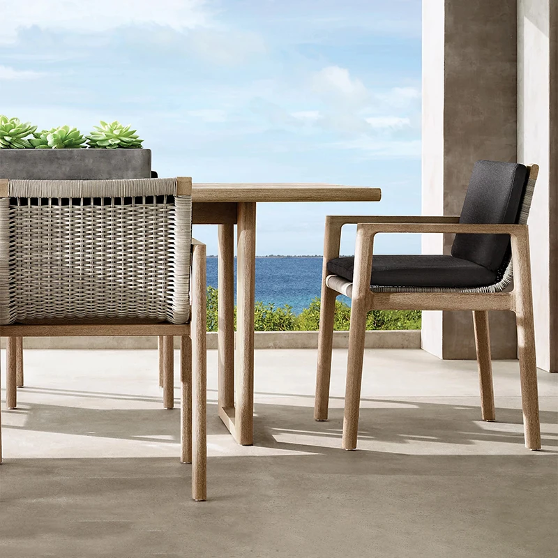 #Villa Leisure Teak Tables And Chairs Outdoor Patio Garden Waterproof Wooden Table Hotel Restaurant Rope Weaving Dining Chair