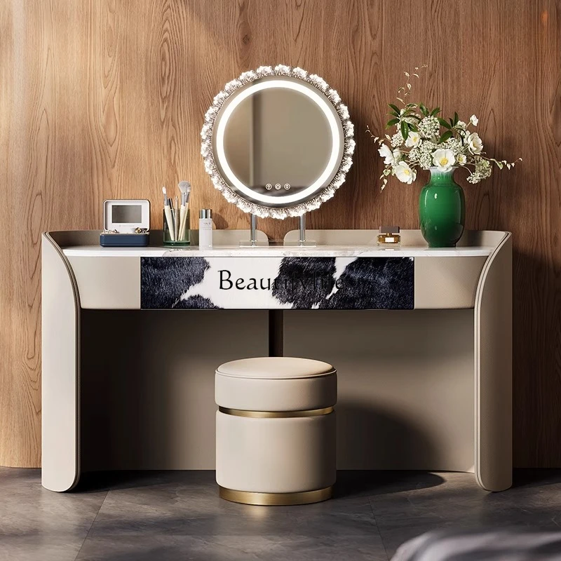

6Light luxury makeup table Italian high-grade milk cowhide horsehair marble dressing table
