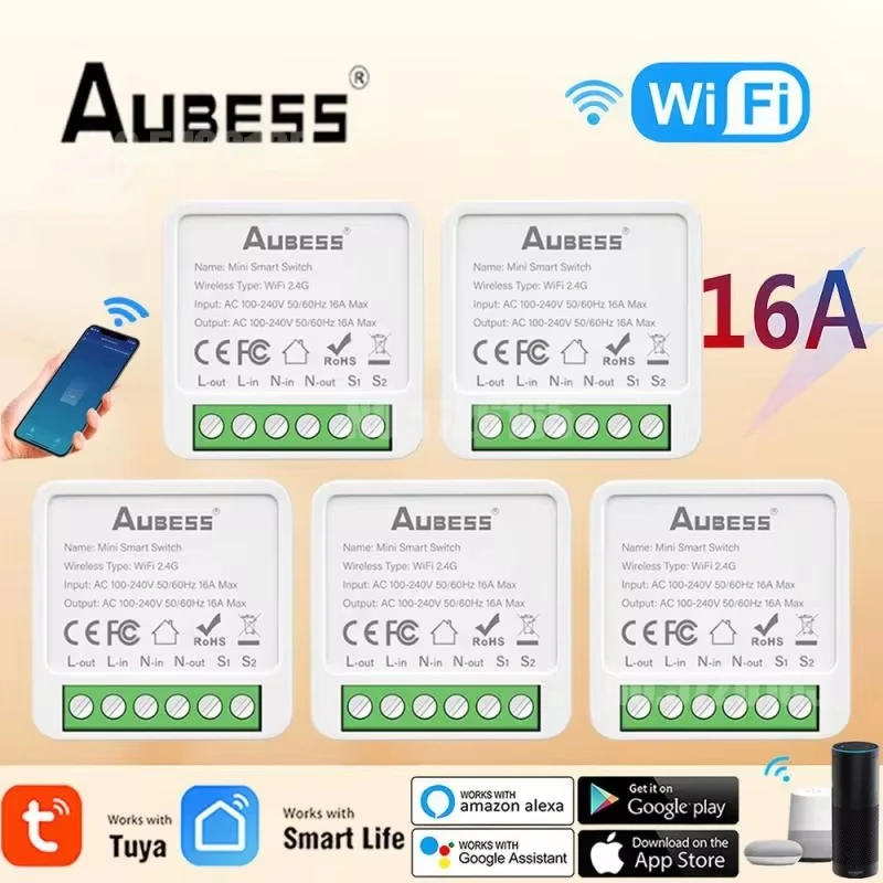 AUBESS Tuya 16A MINI Wifi Switch DIY 2-way Remote Control Timer Relay Automation For Smart Life For Alexa Google Home Alice