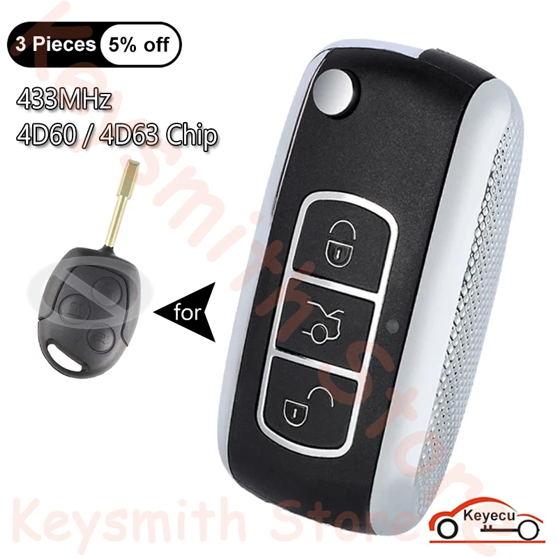 

KEYECU 3 Buttons 433MHz 4D60 4D63 Chip for Ford Fiesta Fusion Transit Connect Auto Upgraded Flip Remote Key Fob FO21 Blade