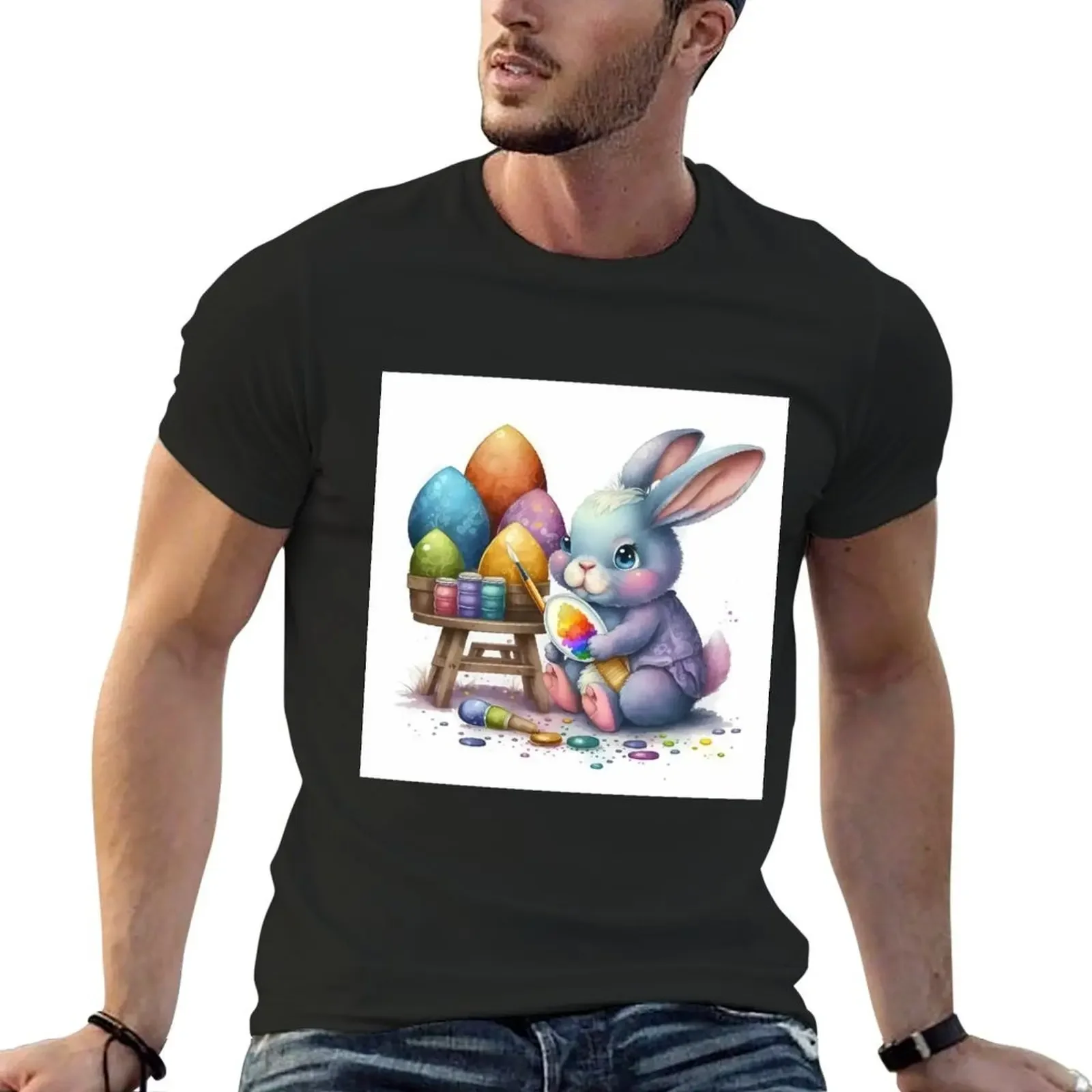 

Cute Cartoon Bunny Painting Colorful Easter Eggs T-Shirt Aesthetic clothing basketball graphic tees summer top Men's clothing