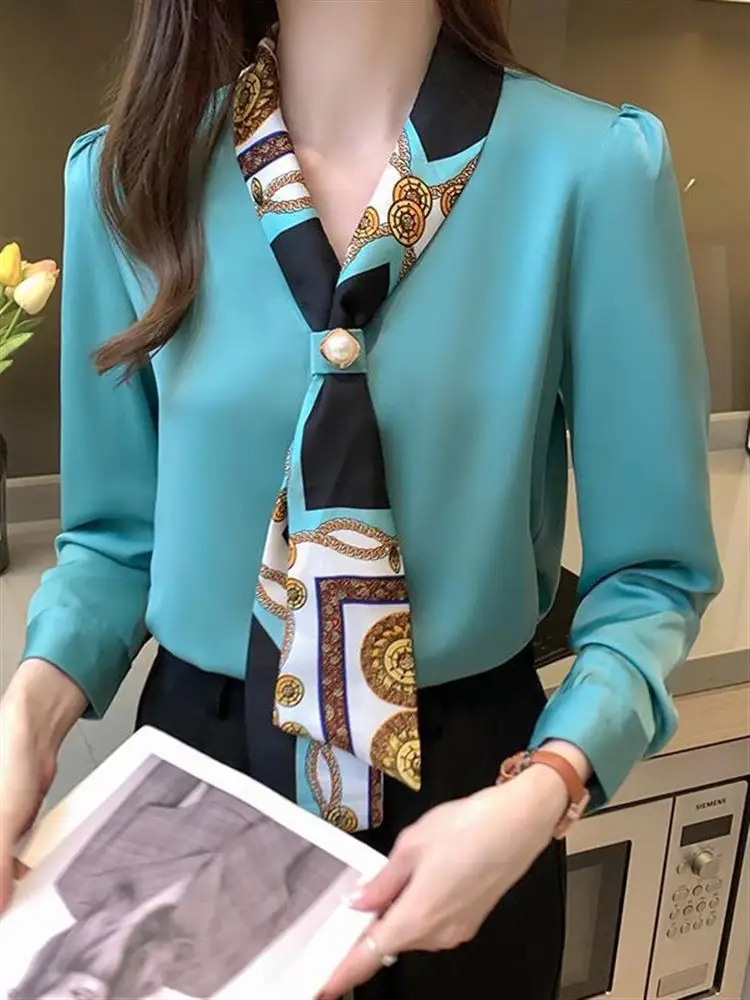 Elegant V-Neck White Shirt Long Sleeve Women's Business Shirt Spring Autumn New Design Korean Style Straight Cut Office Wear