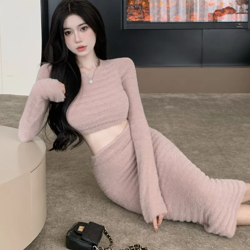 New Fashion Women 2 Piece Set Autumn Winter Mohair Knitted Sweater Long Sleeve Crop Top + Pencil Skirt Elegant Party Suit