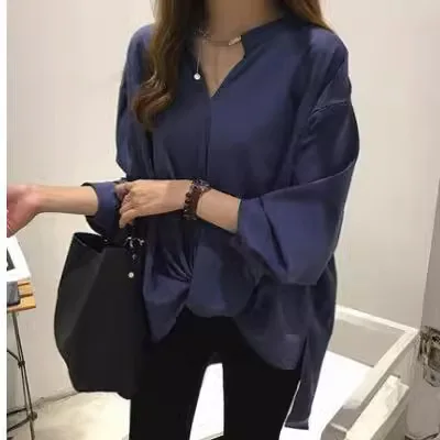 2025 Spring and Autumn New Mid-Length Slim Chiffon Shirt Women Long Sleeve V-neck Solid Color Pullover Top