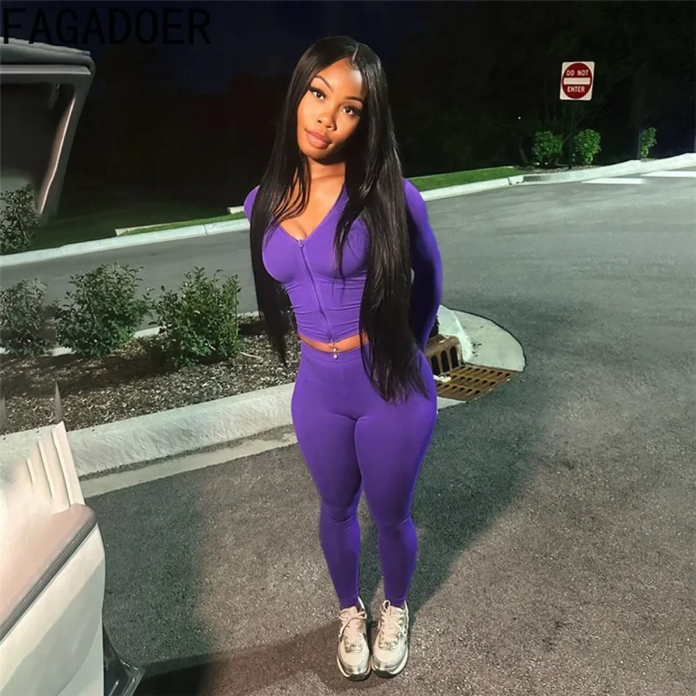 FAGADOER Fashion Solid Bodycon Sporty Two Piece Sets Women Zipper Hooded Long Sleeve Crop Top And Skinny Pants Outfits Clothing