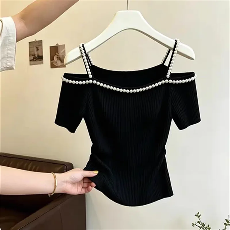 Pearl Decorated Short Sleeve Knitted Shirt Women's Slim Fit Shoulder Bared Summer Top Fashionable Casual Female Garment