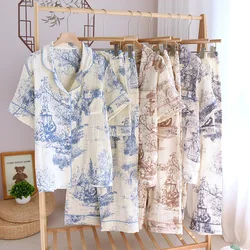 New Floral Short Sleeve Sleeping Pajamas For Women Pajamas Set Room Wear Pure Cotton 3Pieces Summer Women's Suits Sleepwear