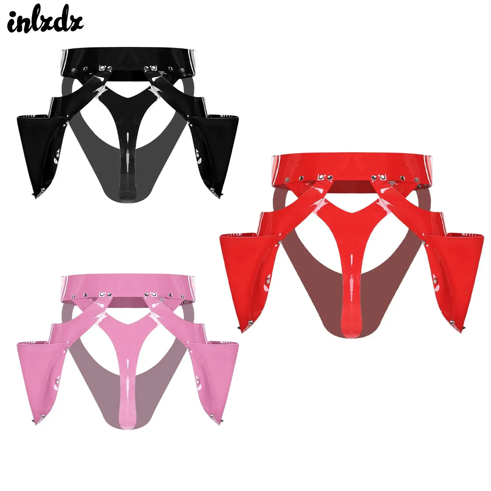 

Sexy Womens Glossy Latex Underwear Gothic Sexy PU Leather Cosplay Panties Adjustable Waist Cutout Briefs Side Pockets with Studs