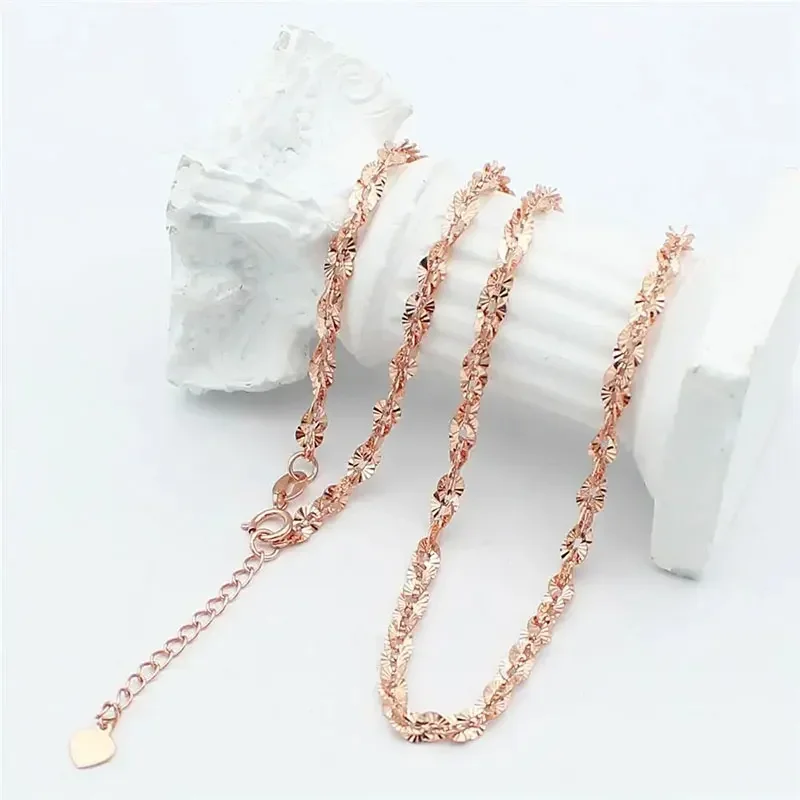 585 Purple Gold Plated 14K Rose Gold Shiny Flower Piece Chains Simple Charm Exquisite Light Luxury Neckalce for Woman