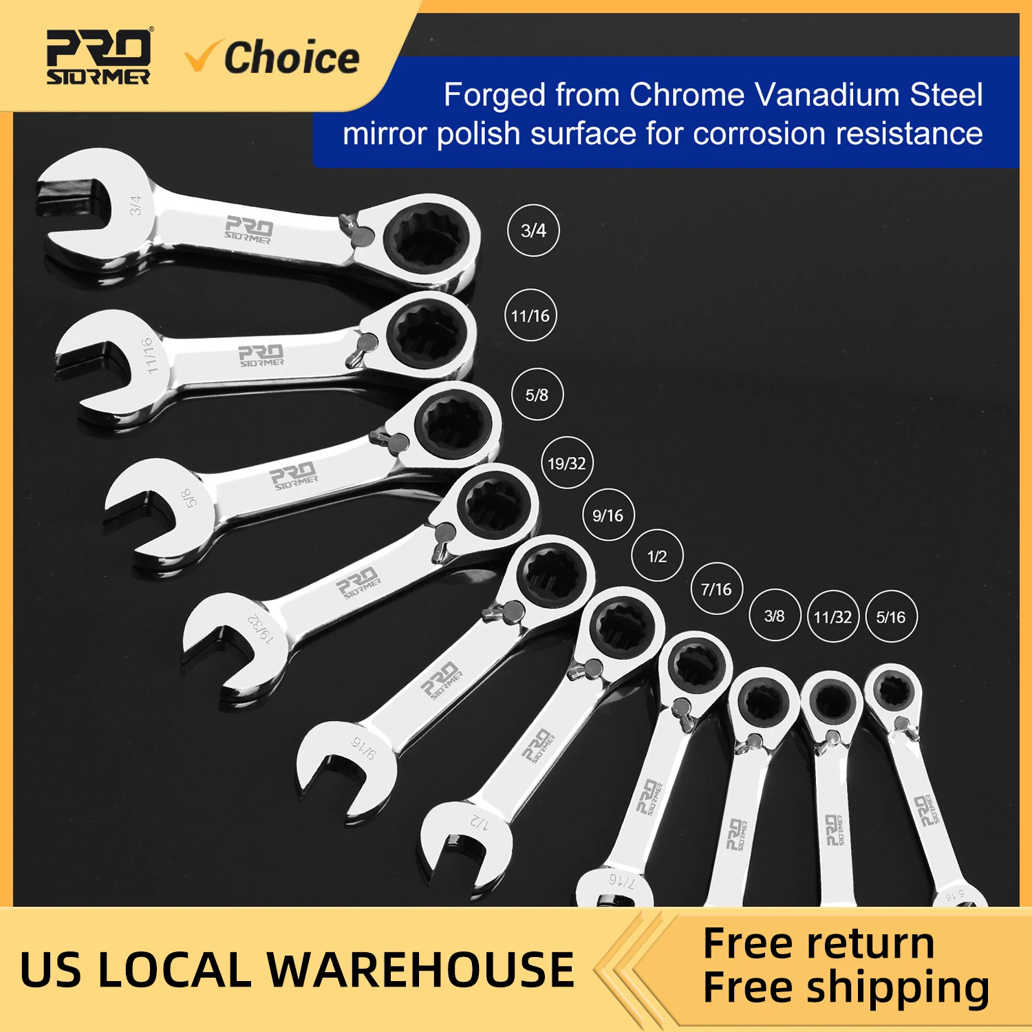 Double Sided Ratchet Wrench Set 10 Piece 5/16 to 3/4 72 Tooth Box End and Open End Wrench Set with Rolling Pouch By Prostormer