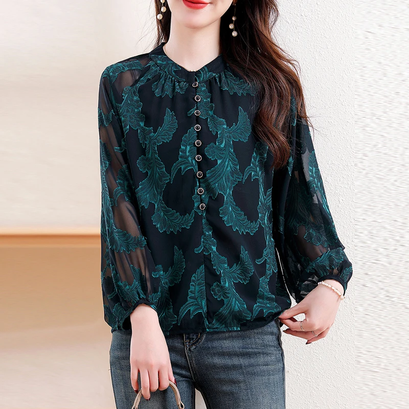 Camicette classiche in chiffon da donna jacquard Semplicità Colletto tondo con bottoni Camicie larghe scavate Top casual eleganti da donna
