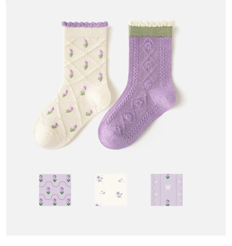 Mädchen-Baumwollsocken, Frühlings-Rüschensocken, lila Blumenmuster-Socken mit Schleife, 5 Paar, mittelhohe Socken, 1–12 Jahre, Baumwollsocken für Kinder. – Detail 3