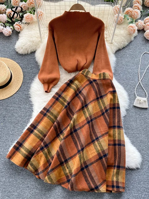 SINGREINY Women Retro Sweater Suits 2024 Fashion Lantern Sleeve Sheath Knitted Top+Elastic Loose Long Skirt Two Pieces Sets