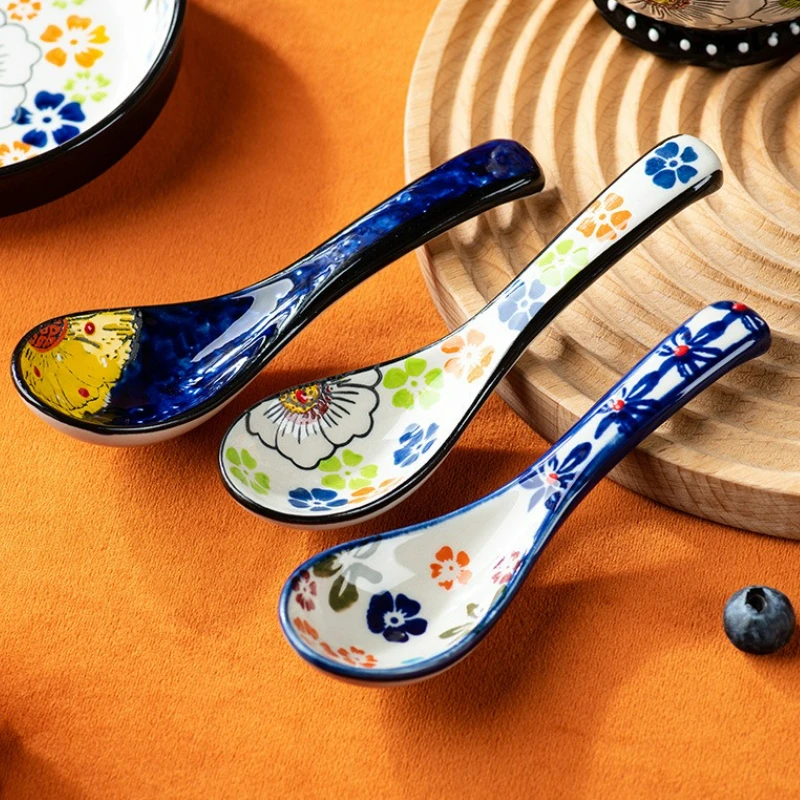 Image of Japanischen Stil Keramik Suppe Löffel Haushalt Geschirr Blume Drucken Design Keramik Küche Suppe Reis Löffel Esslöffel Liefert
