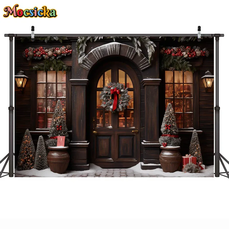 Christmas Store Old Street Backdrop for Photography Winter Snow Xmas Tree Wreath Decoration Kids Adult Portrait Photo Background