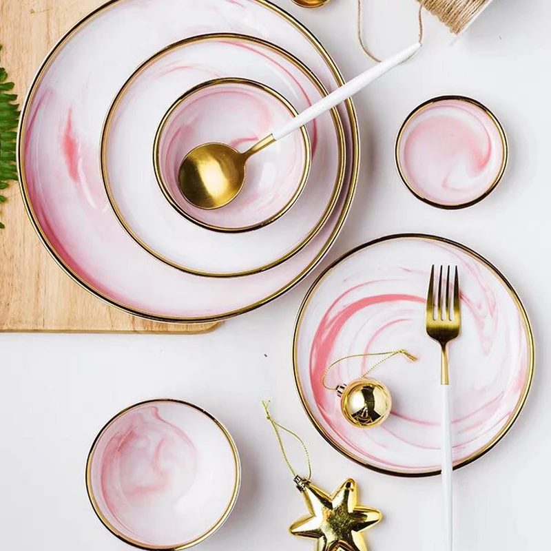 

1pc Pink Marble Ceramic Dinner Dish Plate Rice Salad Noodles Bowl Soup Plates Dinnerware Sets Home Tableware Kitchen Cook Tool