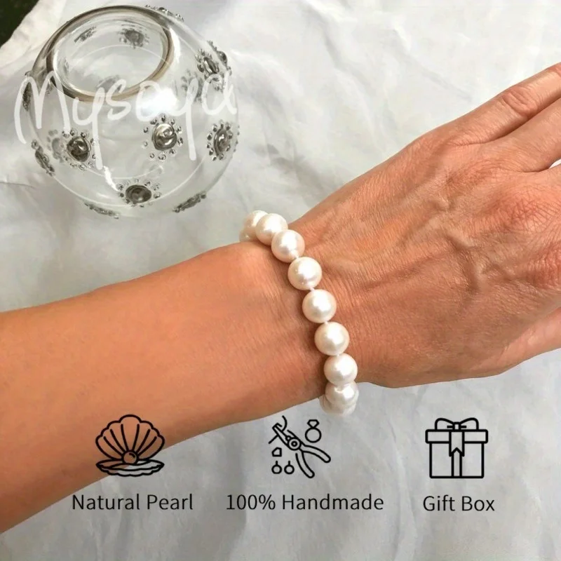 

MYSOYA 9-11 мм большой браслет из натурального белого пресноводного жемчуга для женщин и мужчин с подарочной коробкой, ювелирные изделия на свадьбу, день рождения, подарок
