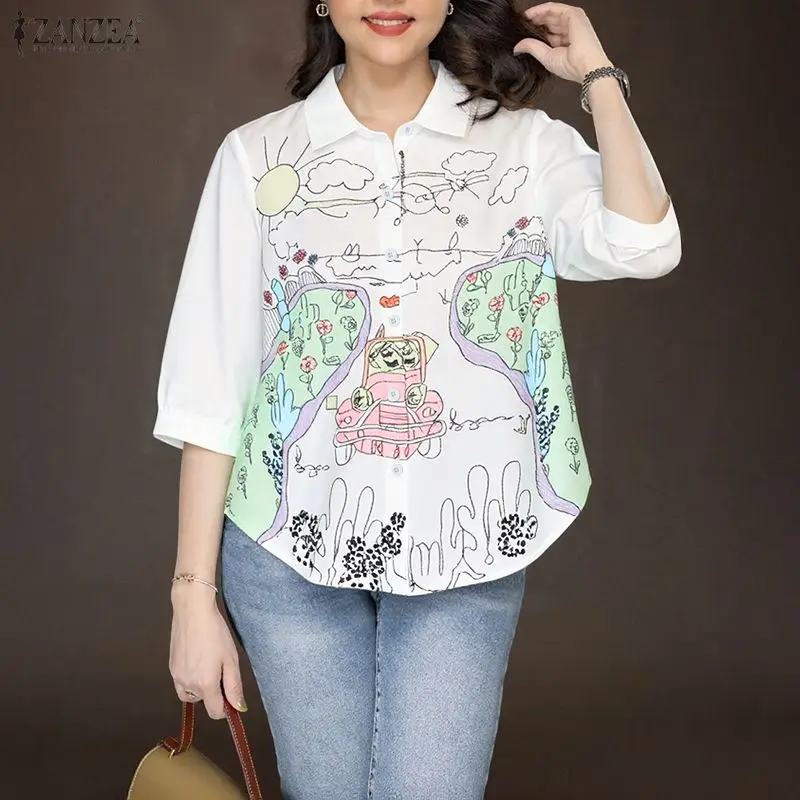 ZANZEA Frauen Stilvolle Shirts Mode 3/4 Hülse Casual Bluse Herbst Frühling Revers Elegante Büro Streetwear Koreanische Blusas Tops