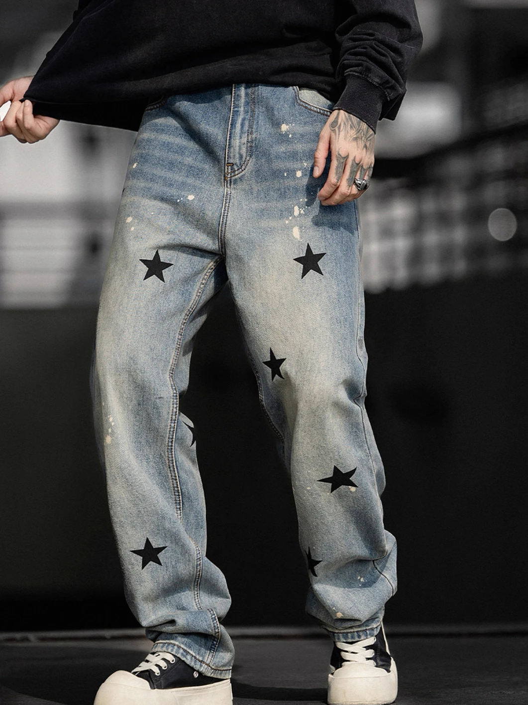 2025 الرجال الخريف جديد فضفاض الراحة شارع العليا ضوء الفاخرة شخصية مستقيم الدينيم السراويل طباعة نجمة خماسية شيك الجينز #3