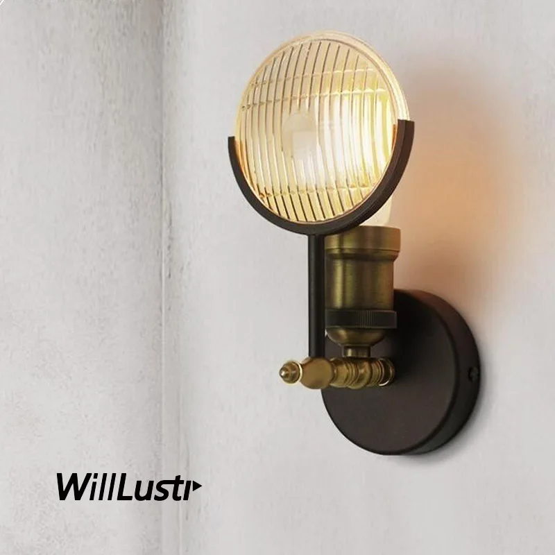 Vintage GASLIGHT LENS Wall Sconce Retro Metal Iron Brass Light Fixture Stripe Convex Glass Lamp Cafe Bar Restaurant Hotel Lounge