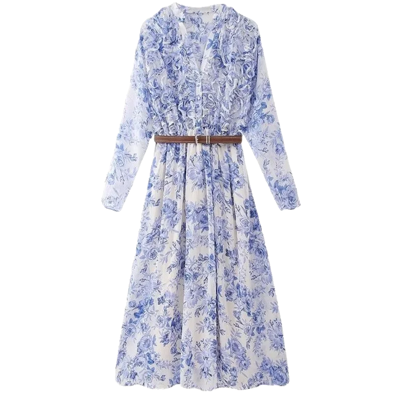 Vestido E Primavera 2024 F com Cinto Estampa Decorativa em Camadas Decote em V Manga Longa Outro Material 00% ...